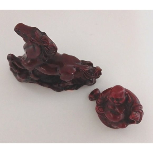 Vintage Small Laughing Lucky Buddha Statue Red Resin and Feng Shui Dragon Lot - Picture 5 of 15